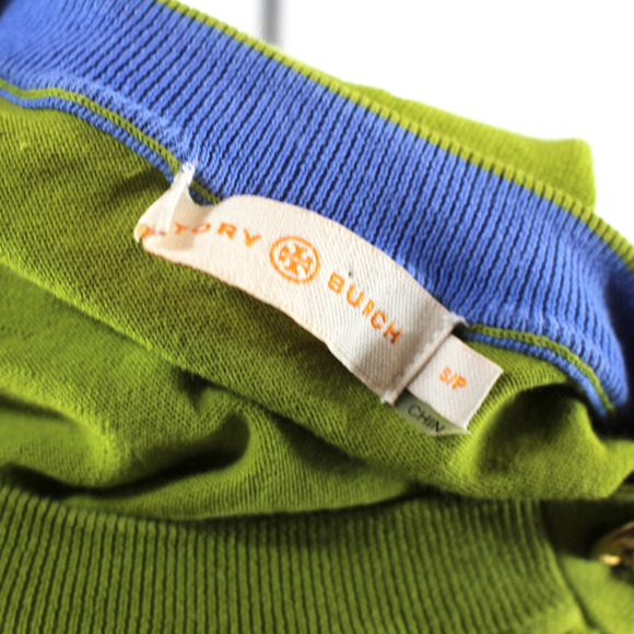 Tory Burch Knit Sweater Green Gold Logo Button Shoulder Long Sleeves Crewneck S - Picture 6 of 6